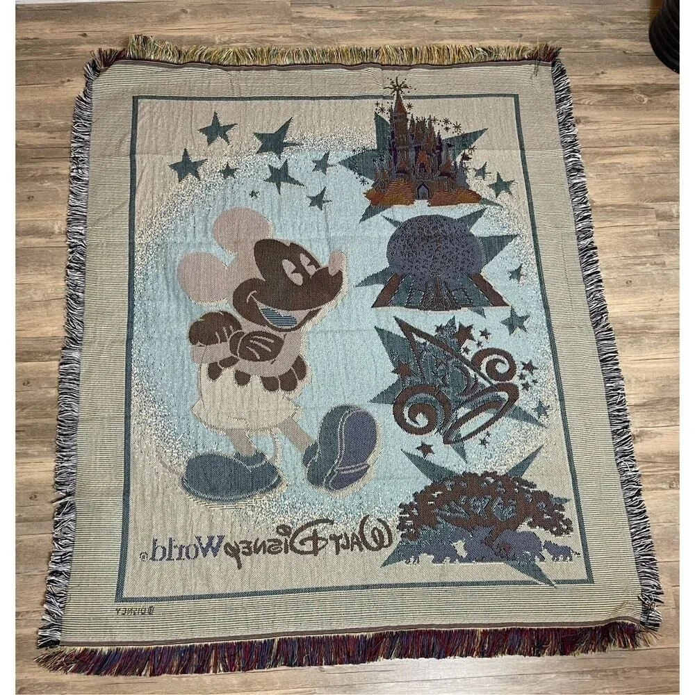 Mickey Mouse Walt Disney World Woven Throw Blanket Tapestry Castle Vintage 5'x4'
